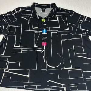 Ali Miles Black and White Geometric Button-Down Shirt with Neon Accent Buttons